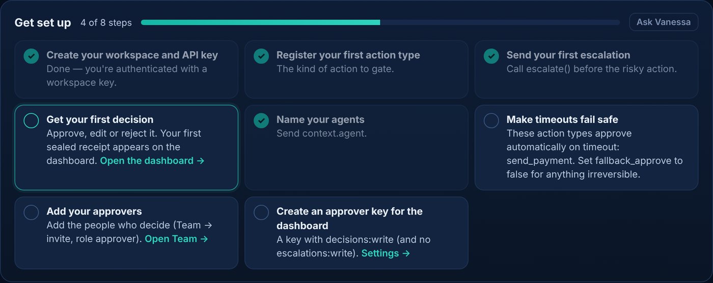 Avowex onboarding checklist showing 4 of 8 setup steps done, with the next step highlighted