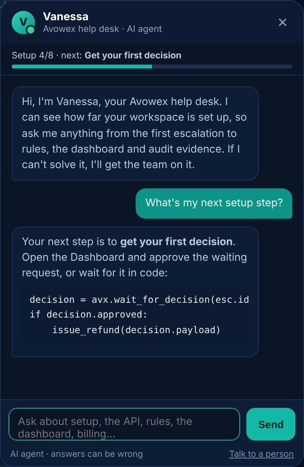 Vanessa, the Avowex AI help desk agent, answering a setup question with code in the console